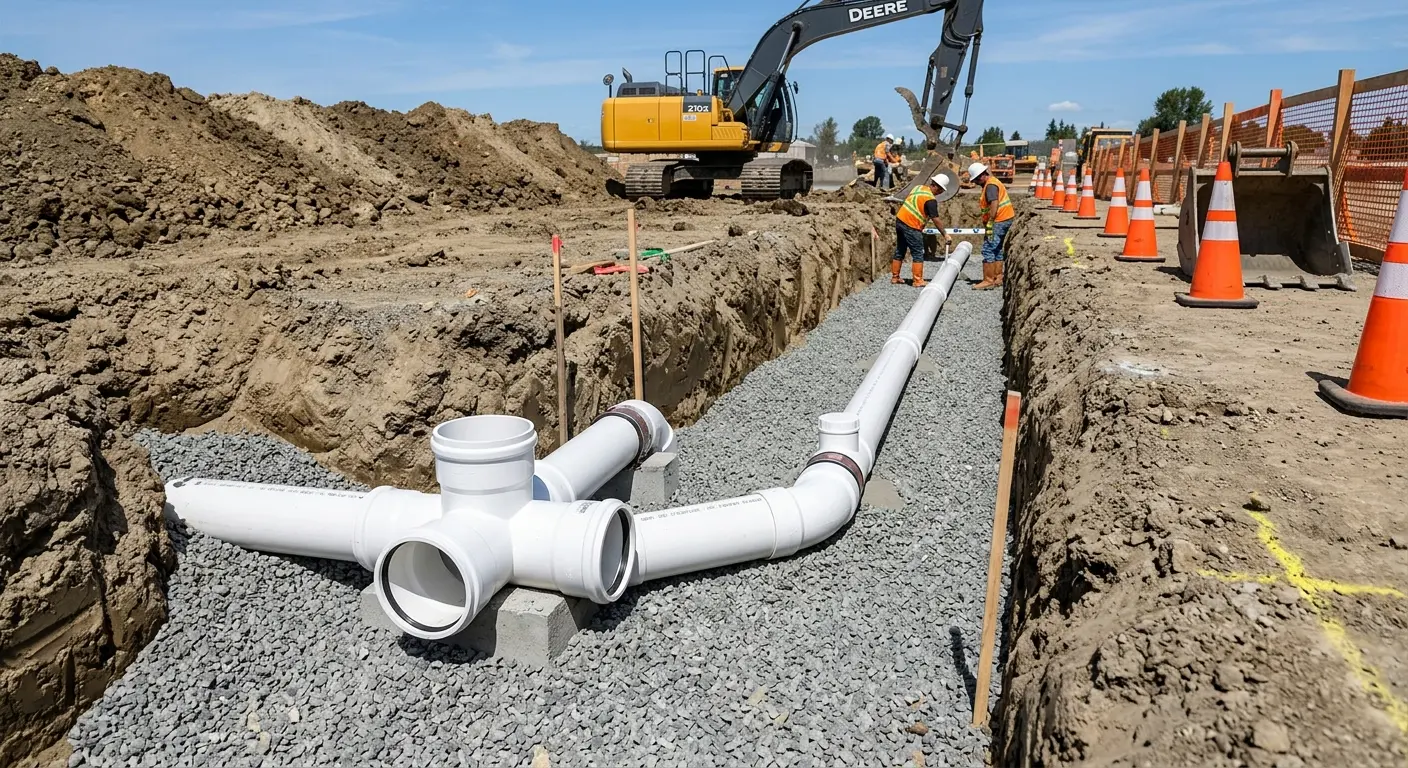 New PVC sewer pipe installation in open trench for Sewer Backup in West Des Moines