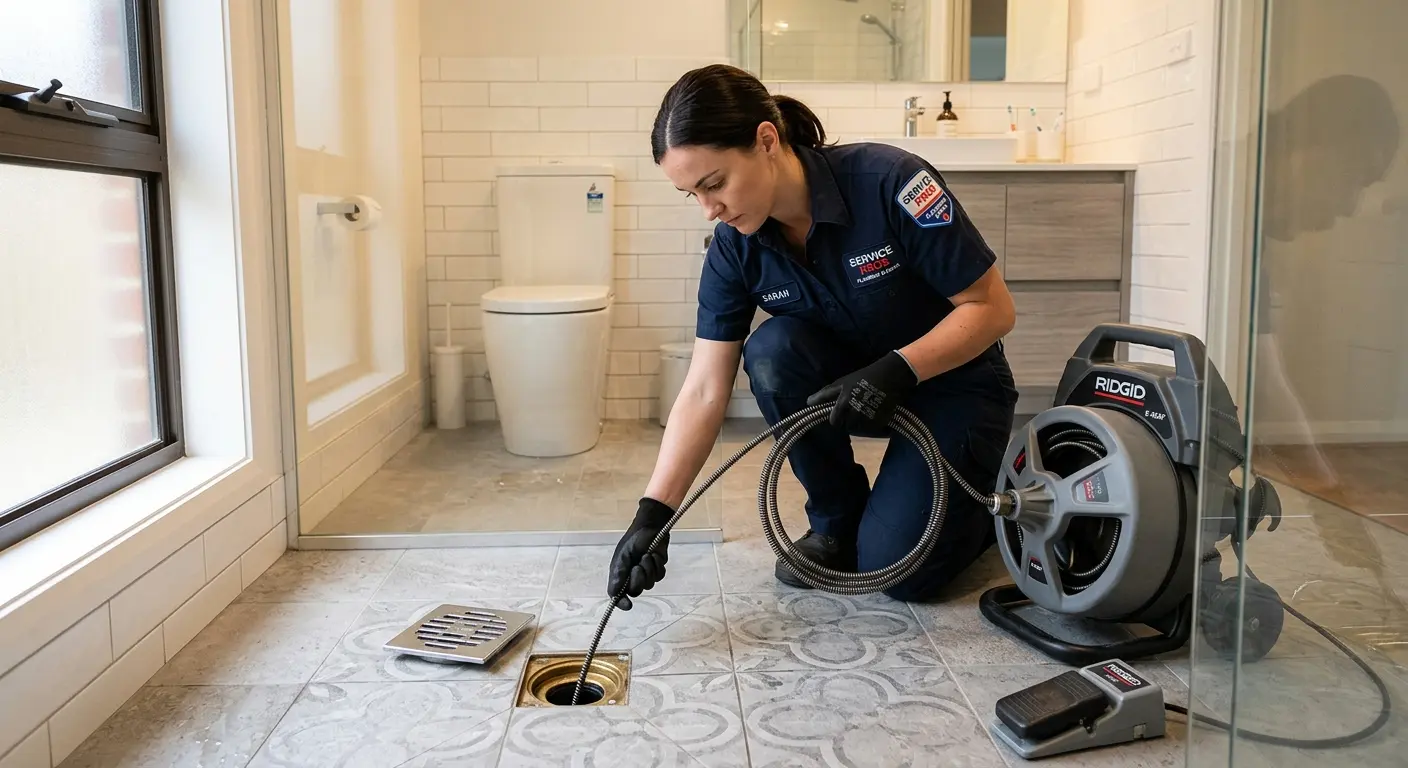 Technician clearing a bathroom floor drain for Hydro Jetting in West Des Moines
